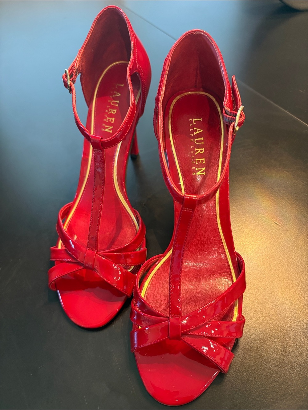 Lauren Ralph Lauren Red Patent Leather T-Strap High Heel Sandals